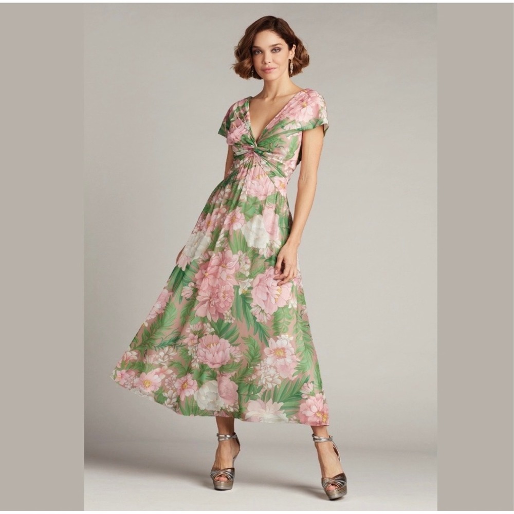 Tadashi Shoji Floral Midi Dress Women 12 Pink Green Excellent BSZ21073MD V-Neck